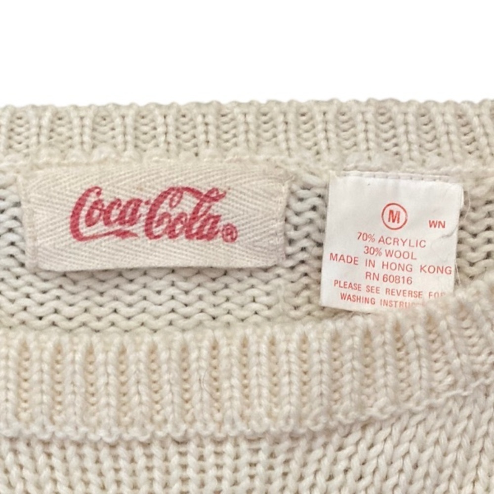 Vintage Coca Cola Knit Sweater Cream Intarsia Red Blue Logo Wool Blend 80s - Picture 10 of 11